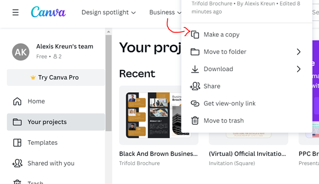 Screenshot of Canva Your projects folder with menu